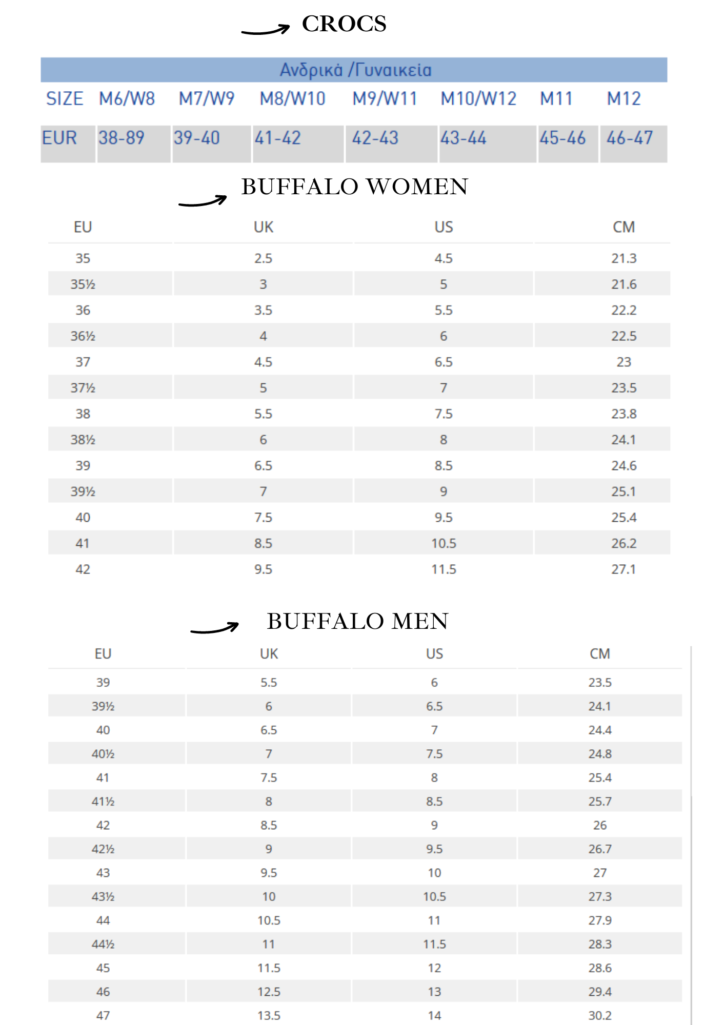 shoes guide crocs and buffalo